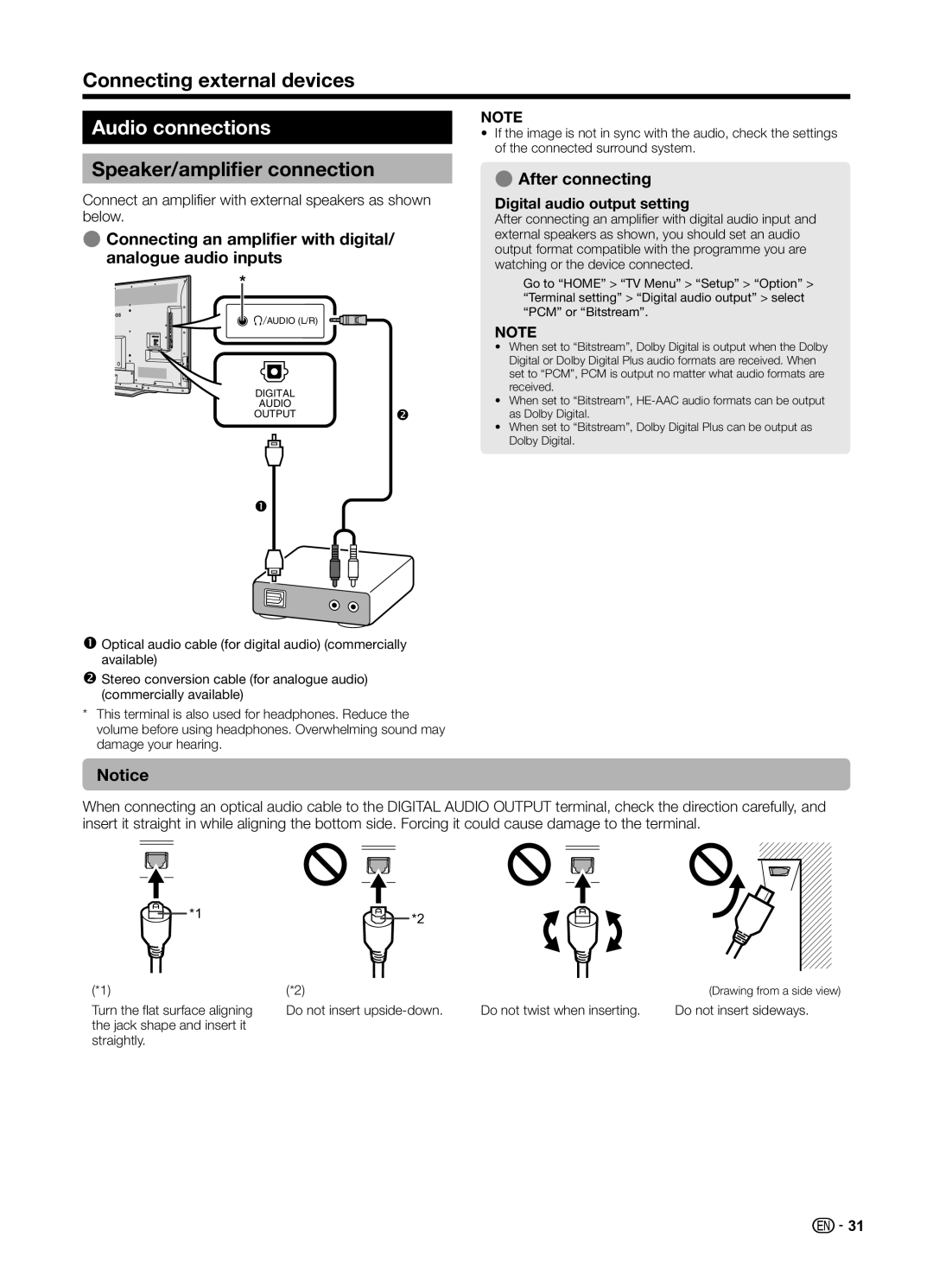 Sharp LC70UD1X Audio connections, Speaker/amplifier connection, EAfter connecting, Digital audio output setting 