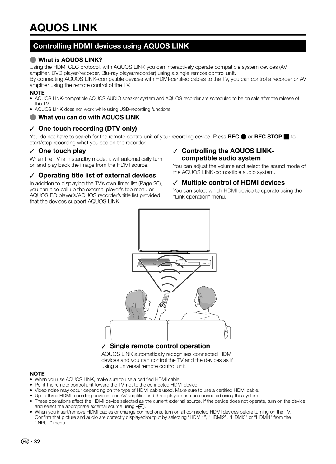 Sharp LC70UD1X Controlling Hdmi devices using Aquos Link, EWhat is Aquos LINK?, EWhat you can do with Aquos Link 