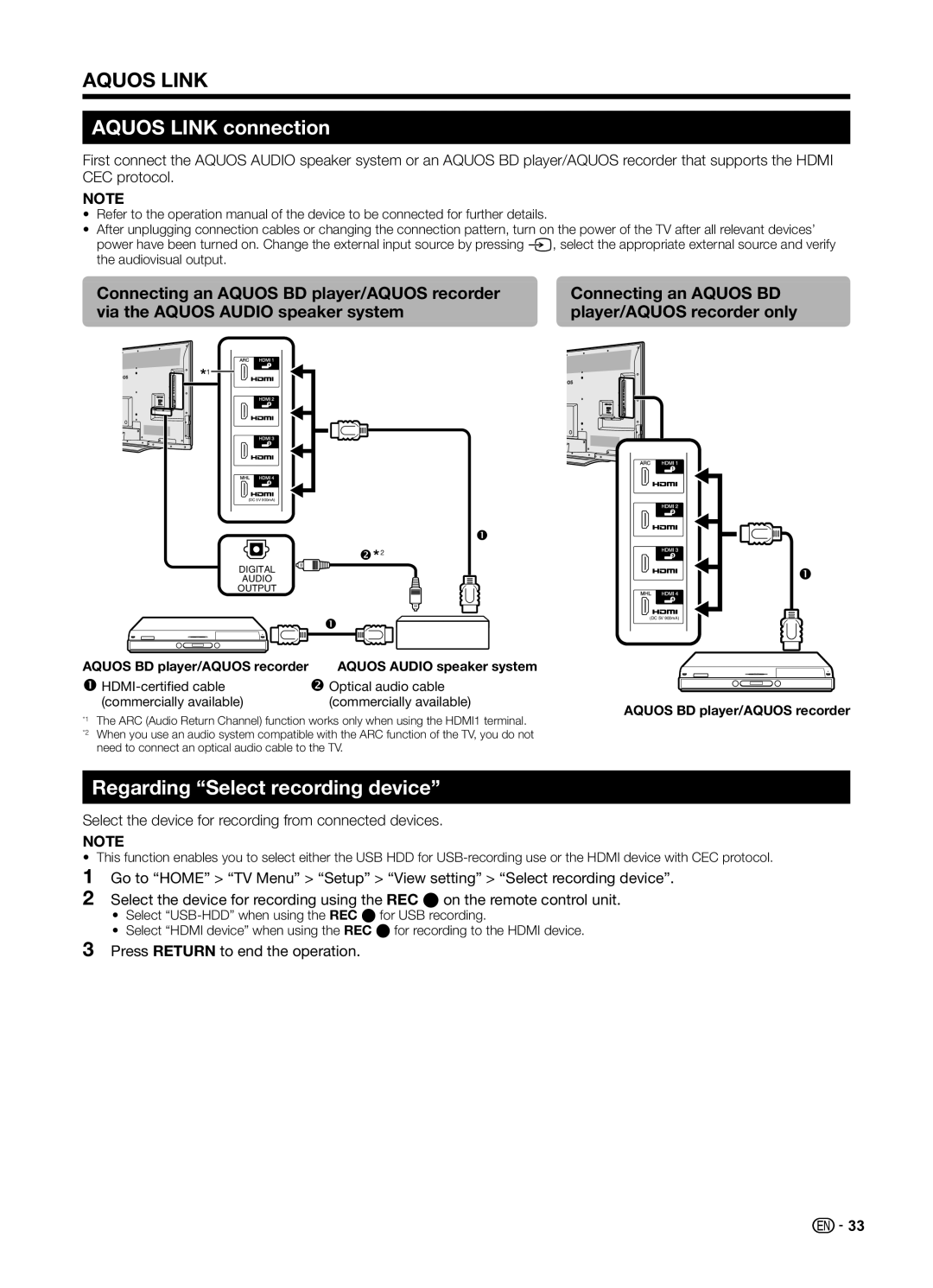 Sharp LC70UD1X operation manual Aquos Link connection, Regarding Select recording device, Press Return to end the operation 