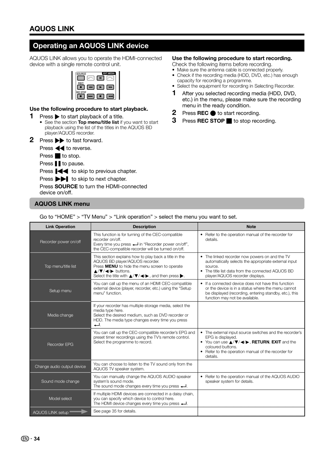 Sharp LC70UD1X Operating an Aquos Link device, Aquos Link menu, Use the following procedure to start playback 