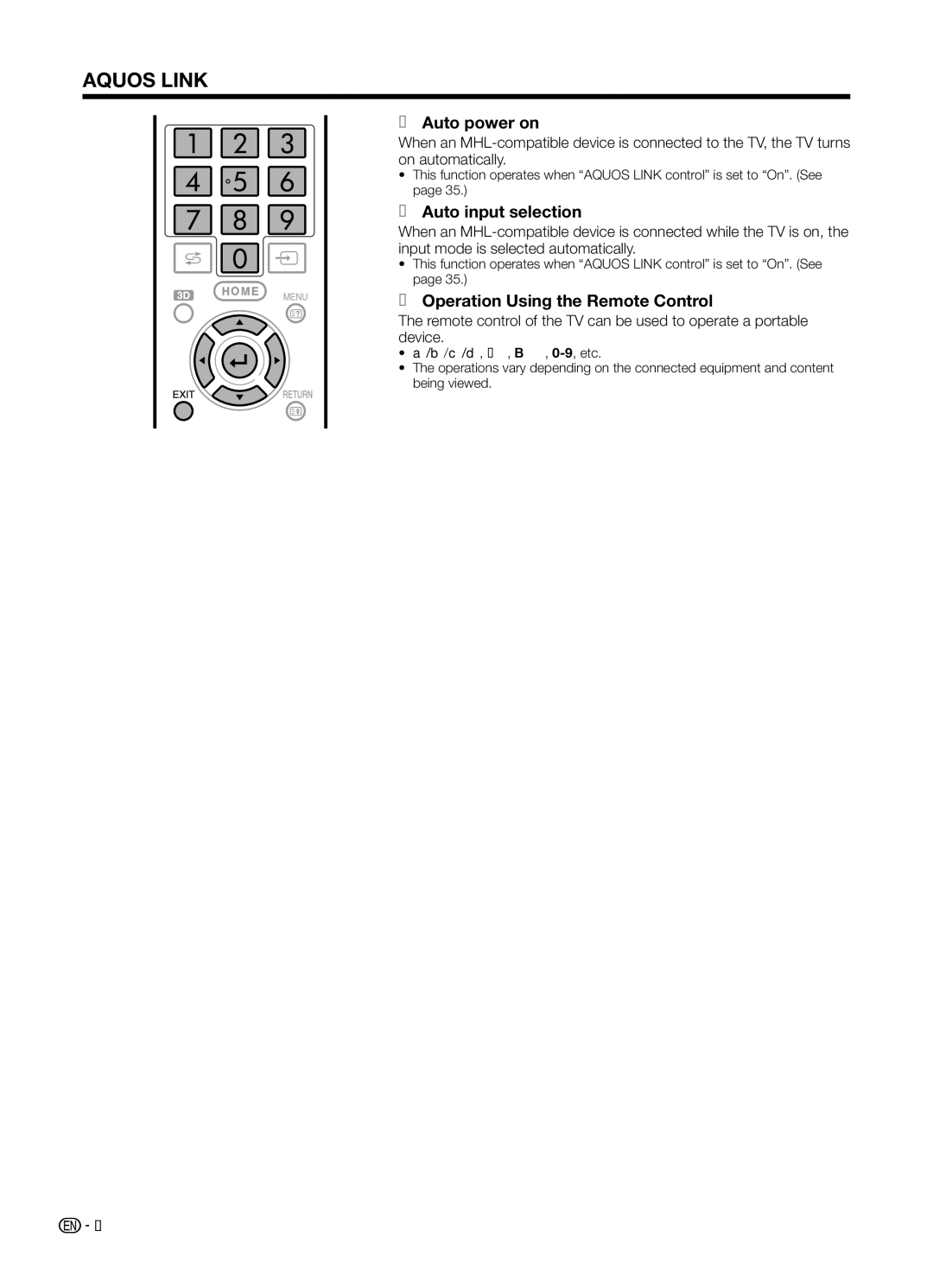 Sharp LC70UD1X operation manual EAuto power on, EAuto input selection, EOperation Using the Remote Control 