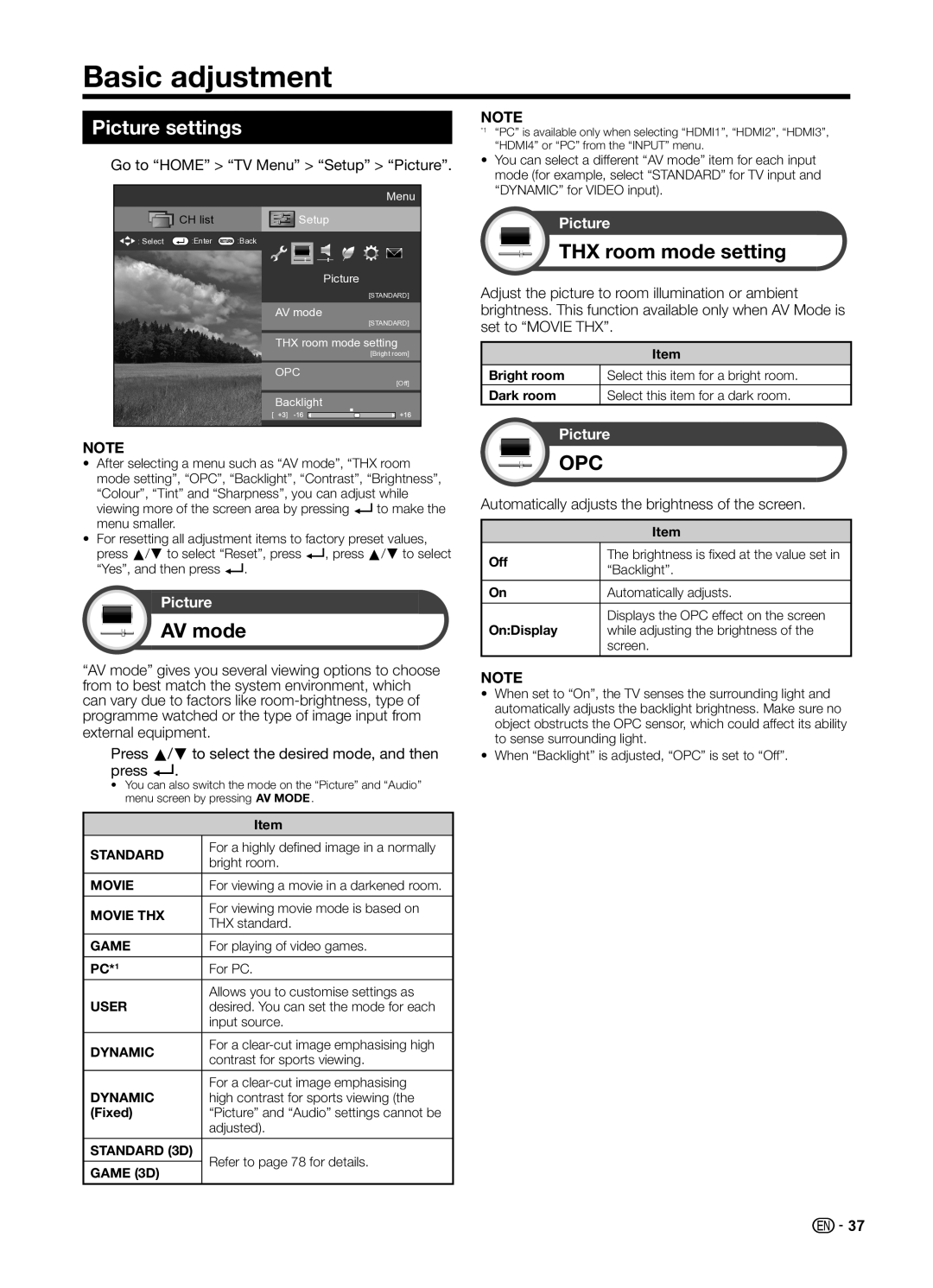 Sharp LC70UD1X operation manual Basic adjustment, Picture settings, THX room mode setting, AV mode 