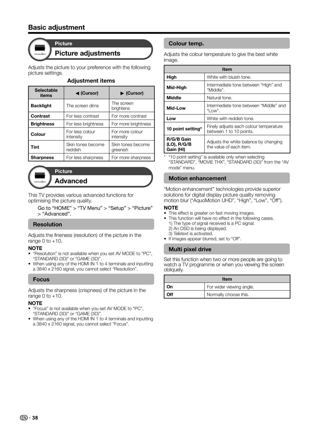 Sharp LC70UD1X operation manual Basic adjustment, Picture adjustments, Advanced 