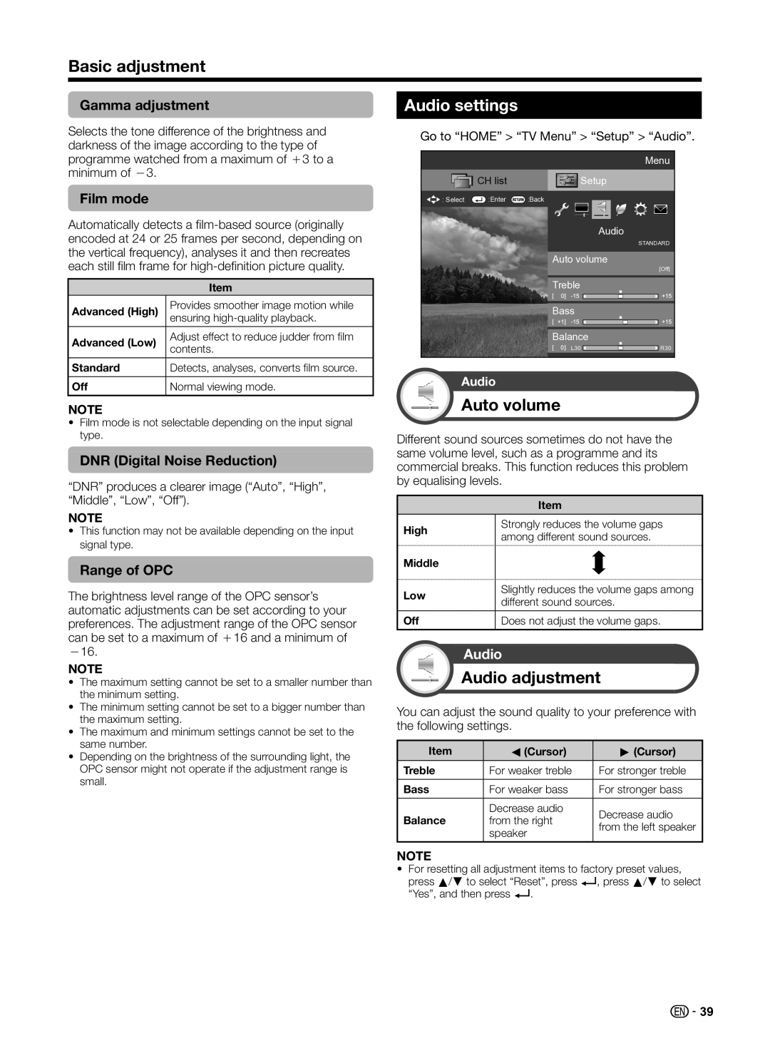 Sharp LC70UD1X operation manual Audio settings, Auto volume, Audio adjustment 