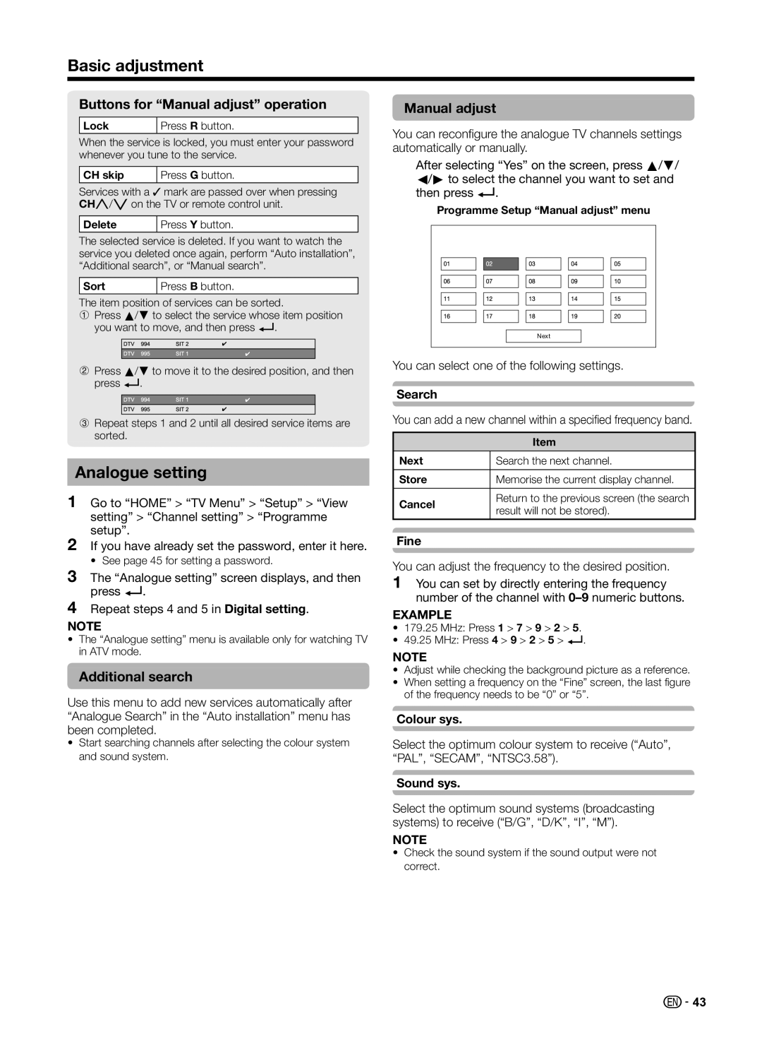 Sharp LC70UD1X operation manual Analogue setting, Buttons for Manual adjust operation 