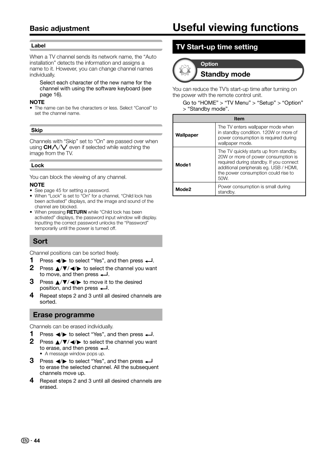 Sharp LC70UD1X operation manual Useful viewing functions, Sort, Erase programme, TV Start-up time setting, Standby mode 