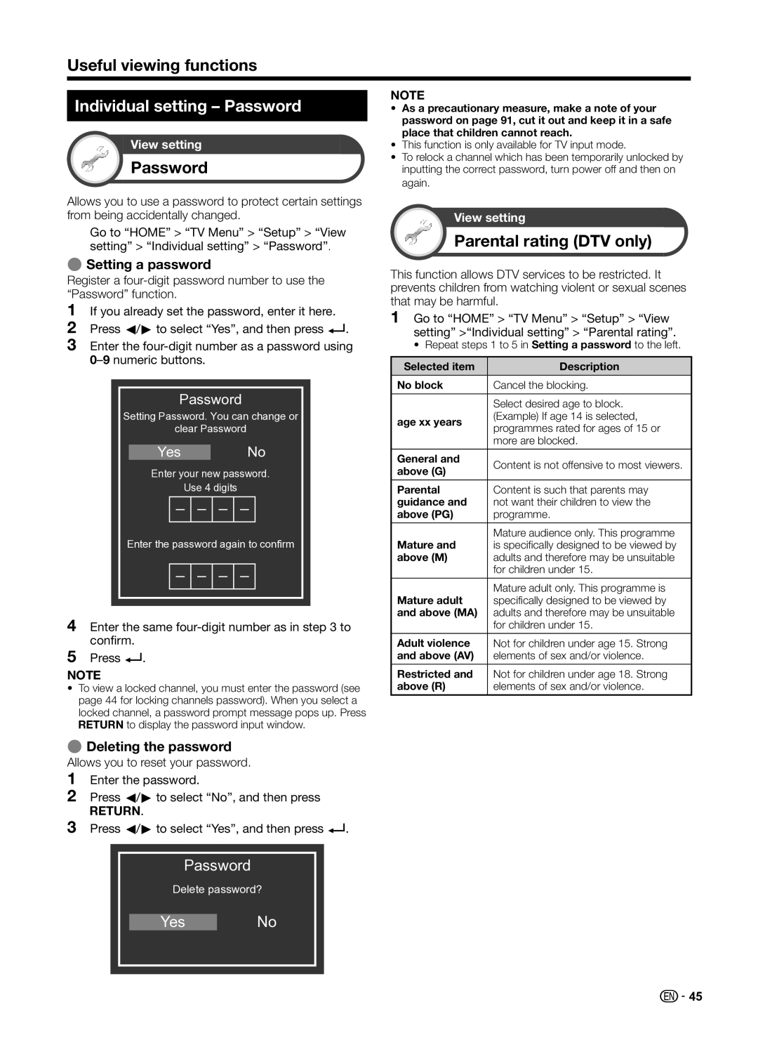 Sharp LC70UD1X operation manual Useful viewing functions, Individual setting Password, Parental rating DTV only 