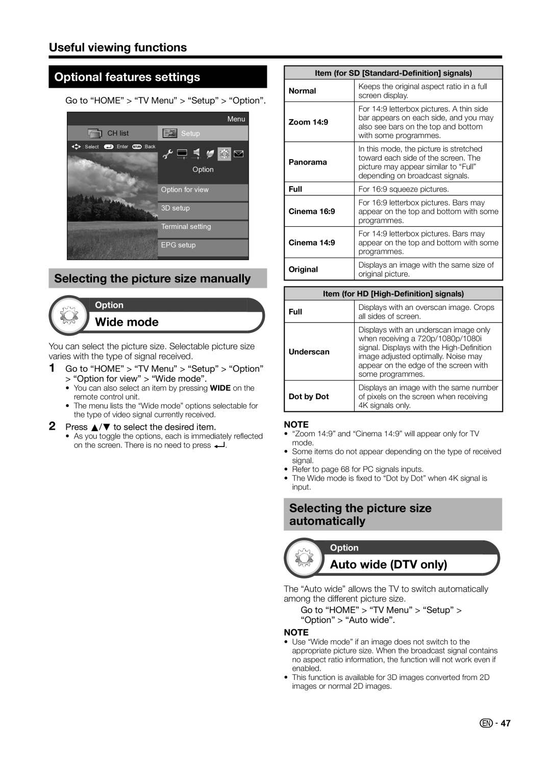 Sharp LC70UD1X Optional features settings, Selecting the picture size manually, Wide mode, Auto wide DTV only 