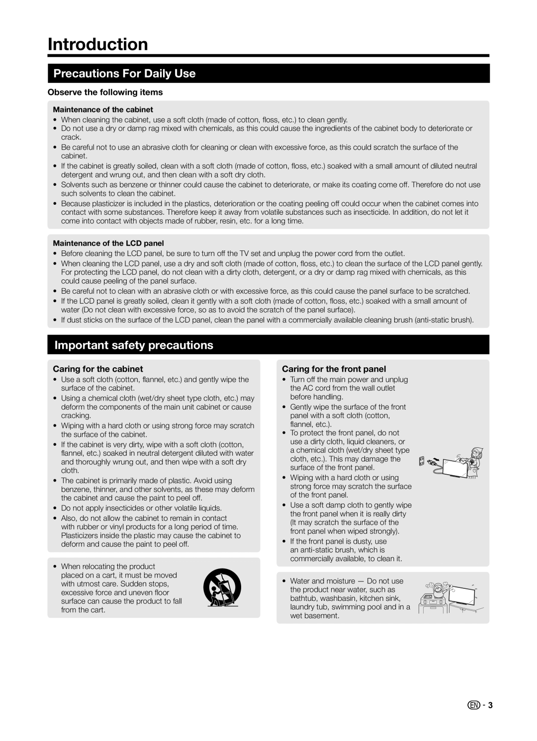 Sharp LC70UD1X operation manual Introduction, Precautions For Daily Use, Important safety precautions 