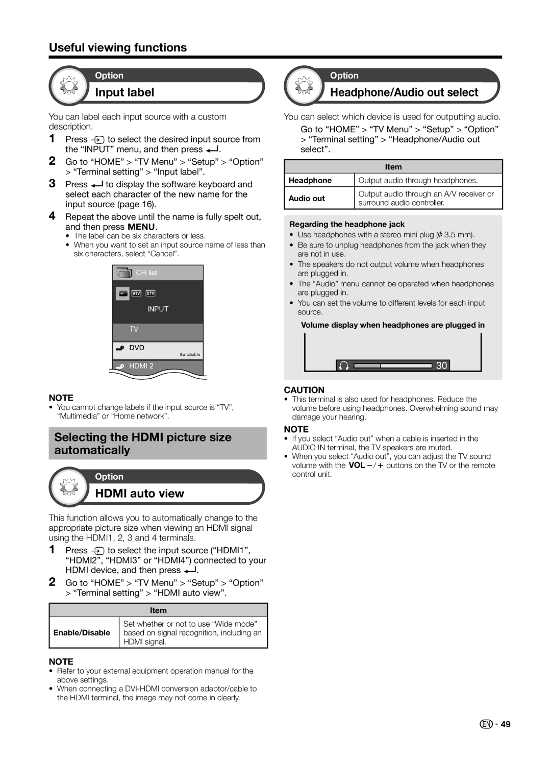 Sharp LC70UD1X Input label, Headphone/Audio out select, Selecting the Hdmi picture size automatically, Hdmi auto view 