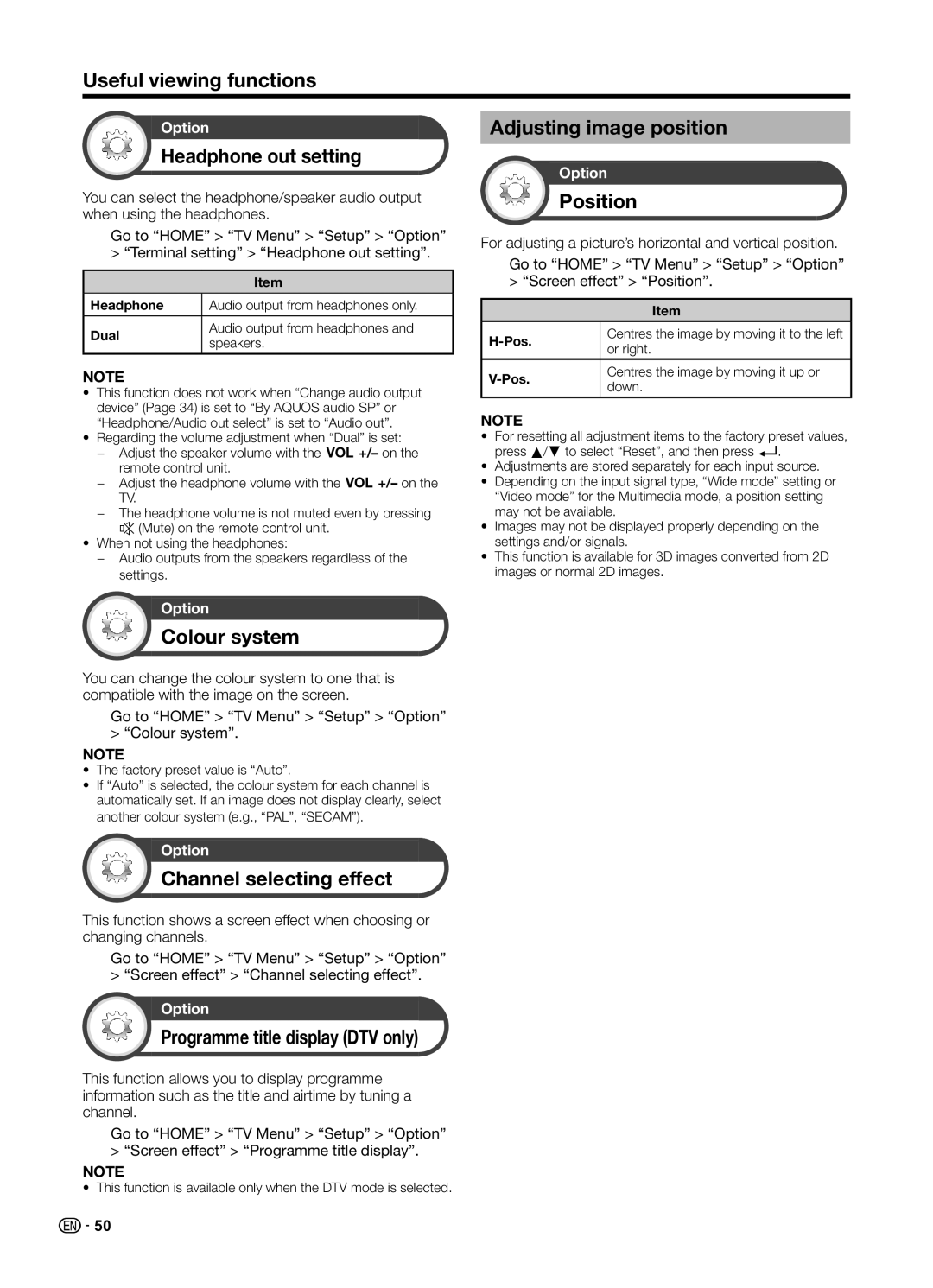 Sharp LC70UD1X Headphone out setting, Adjusting image position, Position, Colour system, Channel selecting effect 