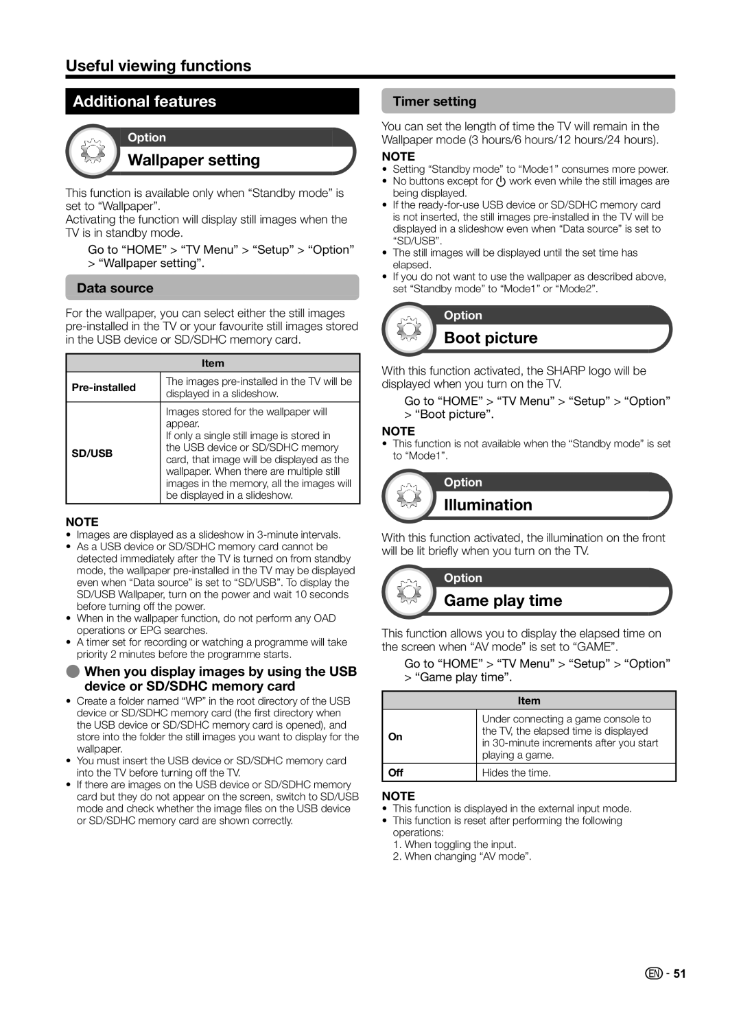 Sharp LC70UD1X operation manual Additional features, Wallpaper setting, Boot picture, Illumination, Game play time 