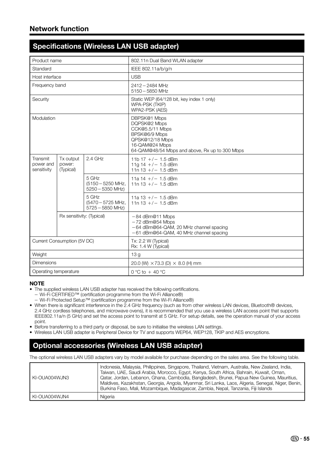 Sharp LC70UD1X operation manual Specifications Wireless LAN USB adapter, Optional accessories Wireless LAN USB adapter 