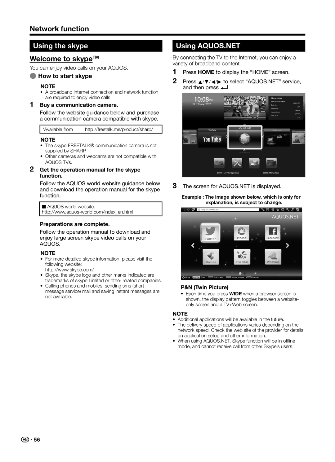 Sharp LC70UD1X operation manual Using the skype, Welcome to skypeTM, Using AQUOS.NET, EHow to start skype 