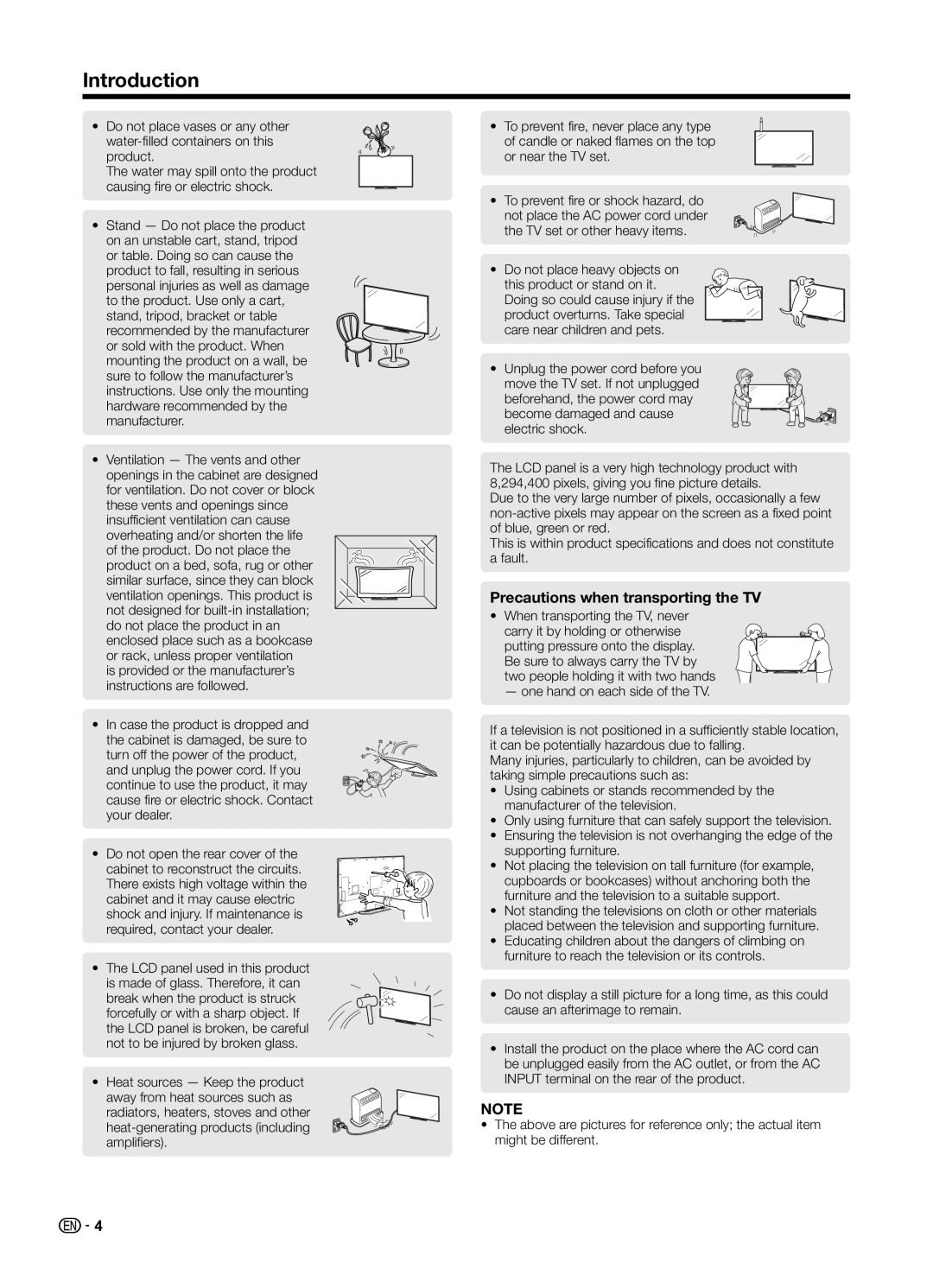 Sharp LC70UD1X operation manual Introduction, Precautions when transporting the TV 