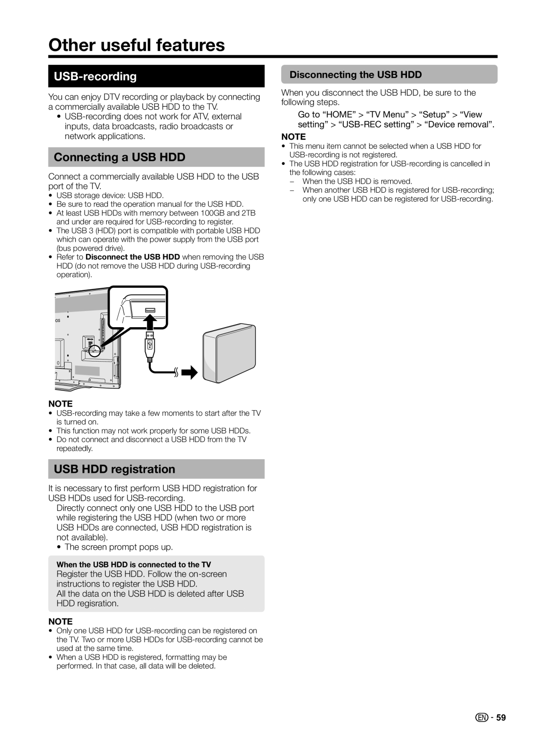 Sharp LC70UD1X Other useful features, USB-recording, Connecting a USB HDD, USB HDD registration, Disconnecting the USB HDD 