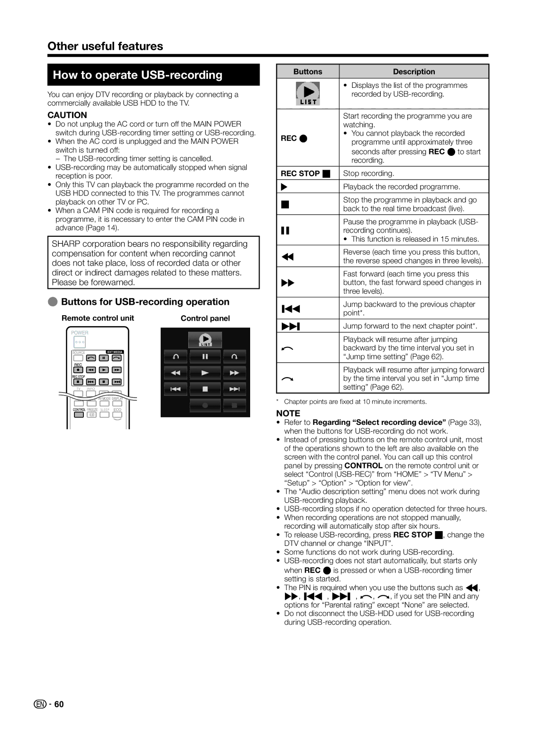 Sharp LC70UD1X operation manual Other useful features, How to operate USB-recording, EButtons for USB-recording operation 