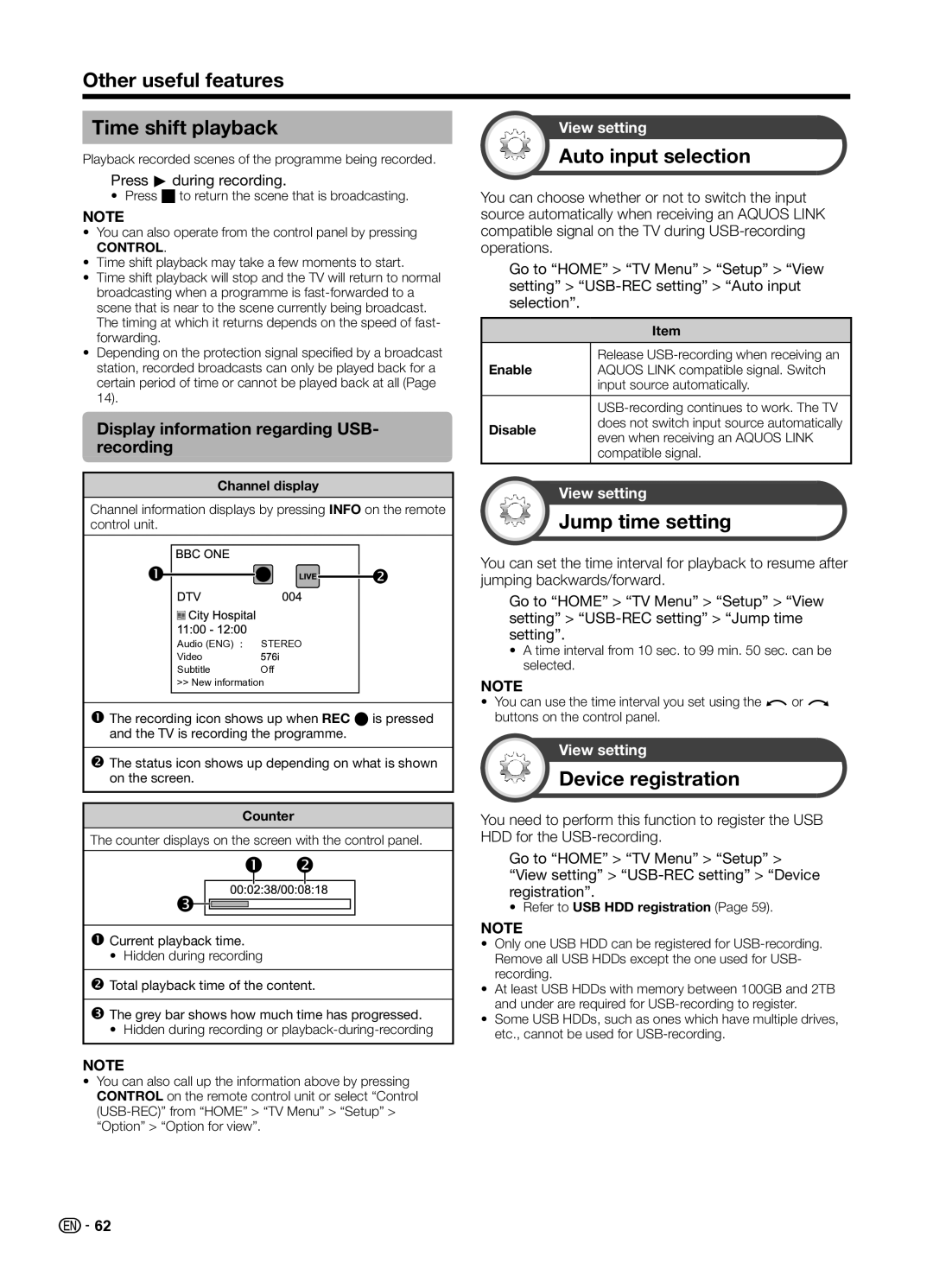 Sharp LC70UD1X Other useful features Time shift playback, Auto input selection, Jump time setting, Device registration 