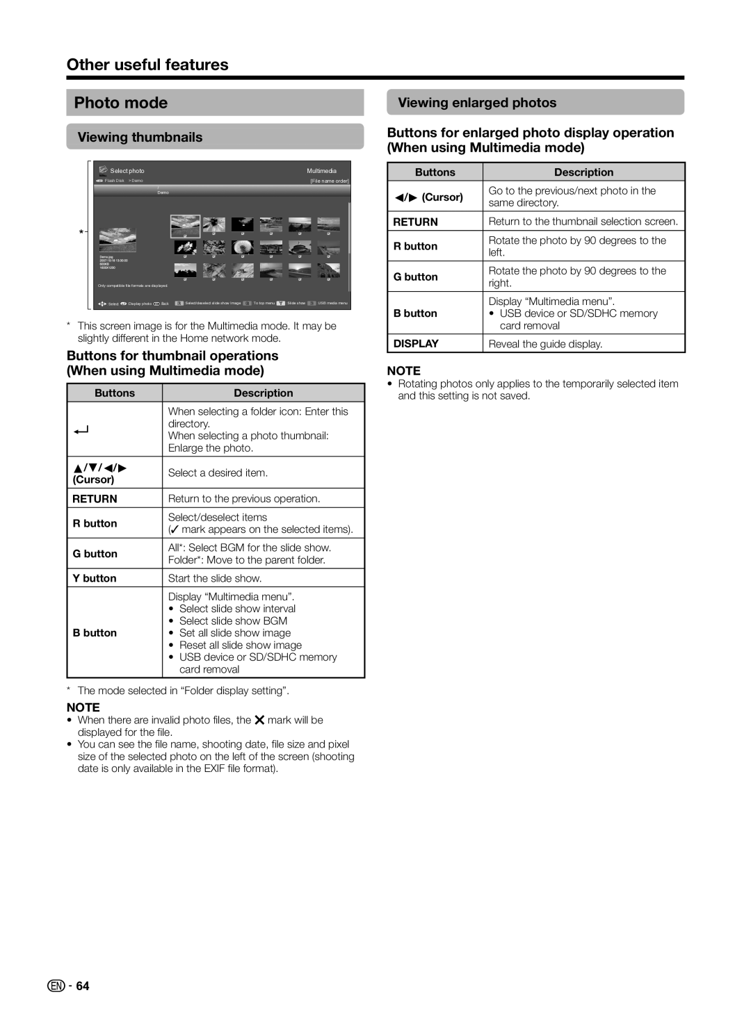 Sharp LC70UD1X operation manual Other useful features Photo mode, Viewing thumbnails 