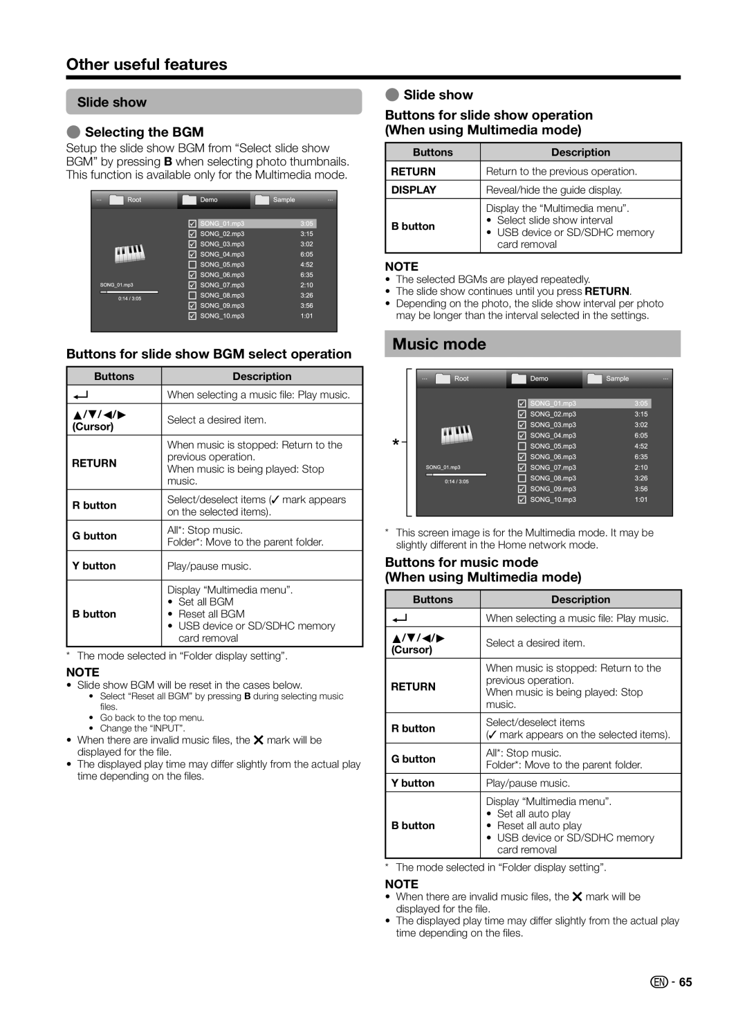 Sharp LC70UD1X operation manual Music mode, Slide show ESelecting the BGM, Buttons for slide show BGM select operation 