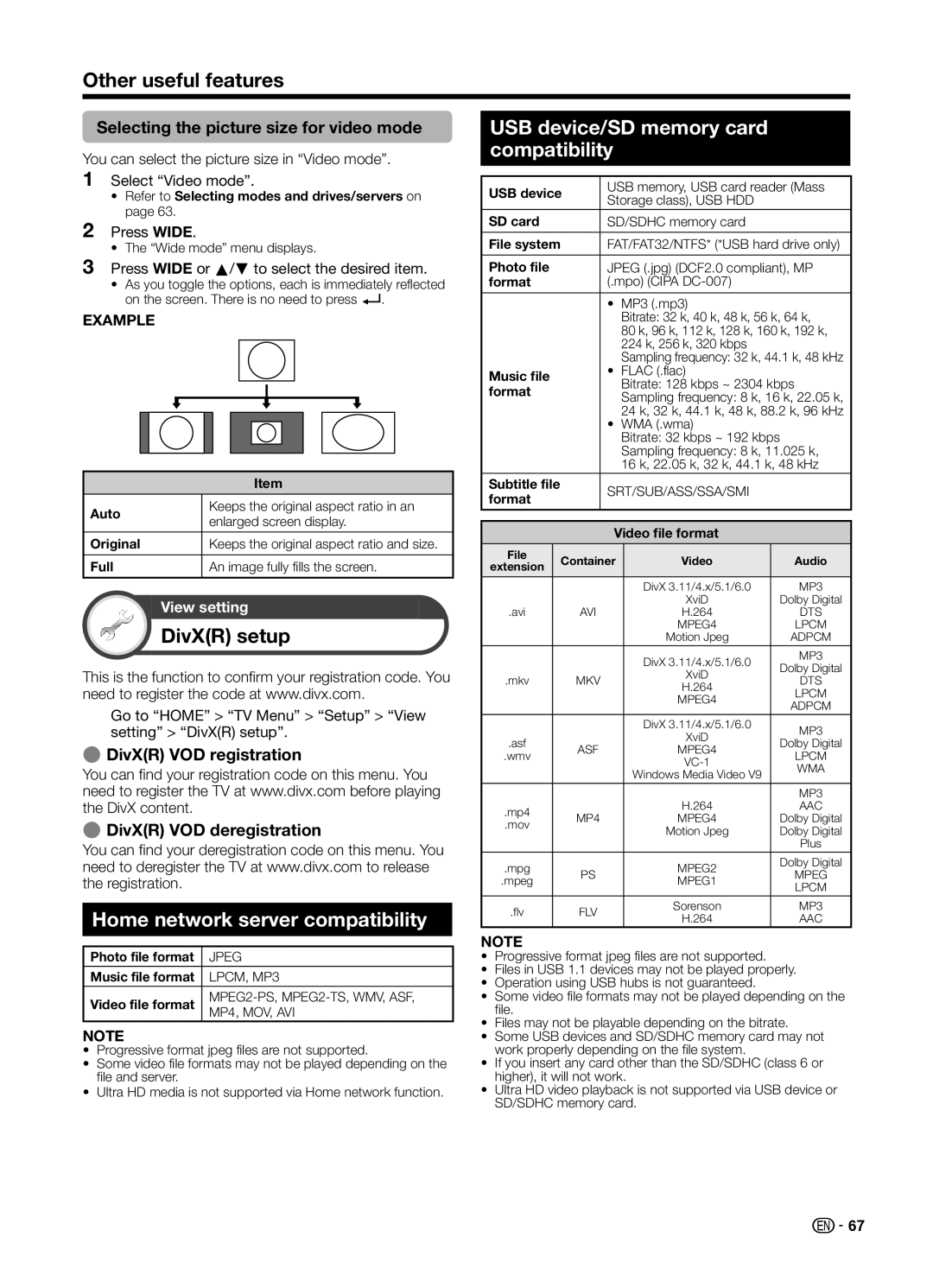 Sharp LC70UD1X operation manual USB device/SD memory card compatibility, DivXR setup, Home network server compatibility 