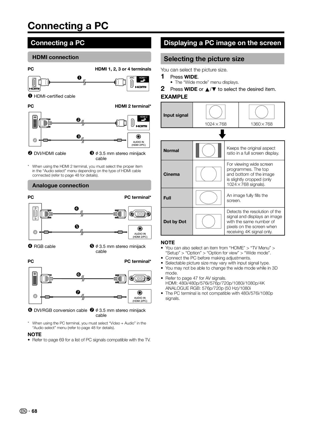 Sharp LC70UD1X operation manual Connecting a PC, Displaying a PC image on the screen, Selecting the picture size 