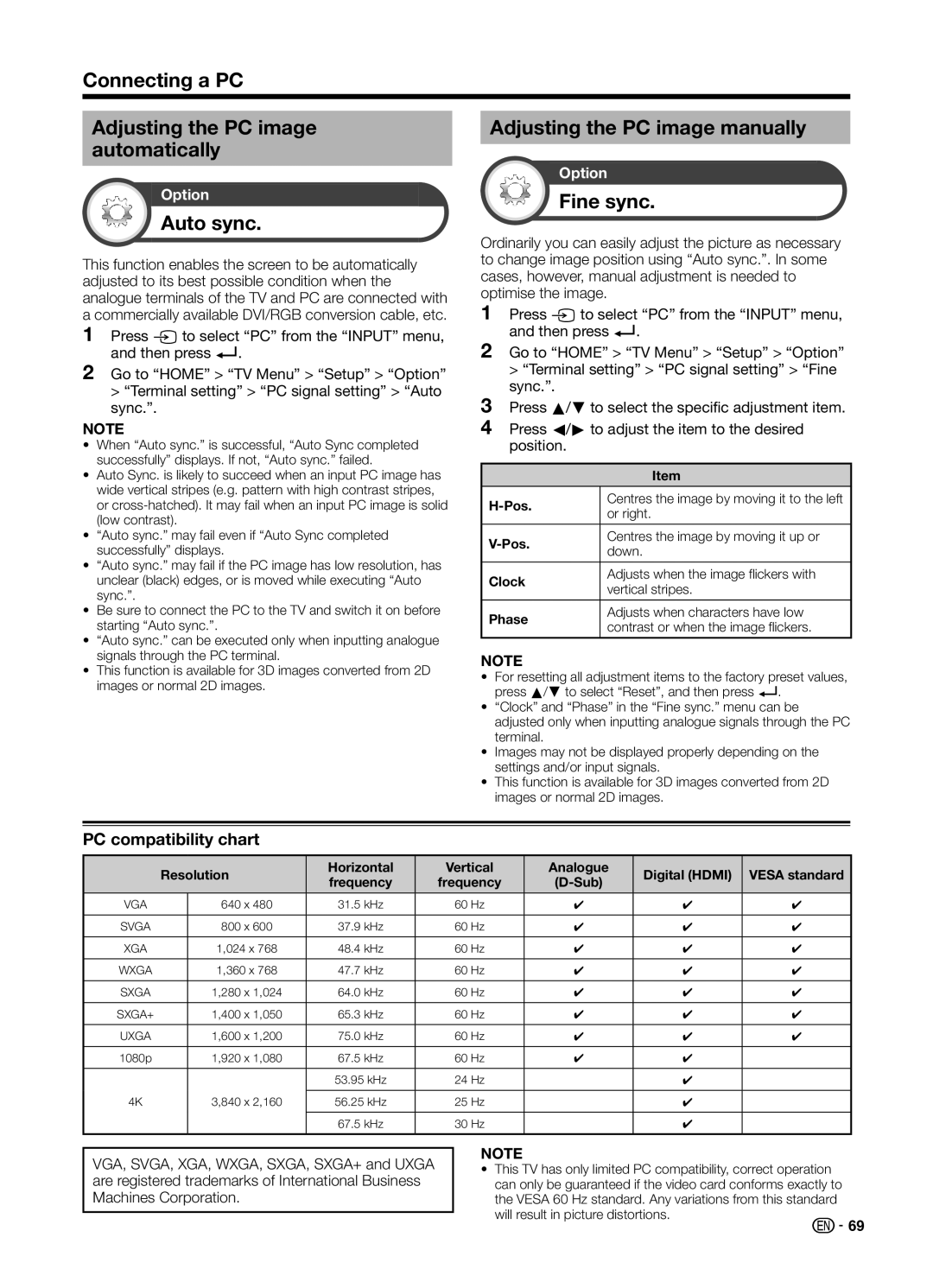 Sharp LC70UD1X Connecting a PC Adjusting the PC image automatically, Auto sync, Adjusting the PC image manually, Fine sync 