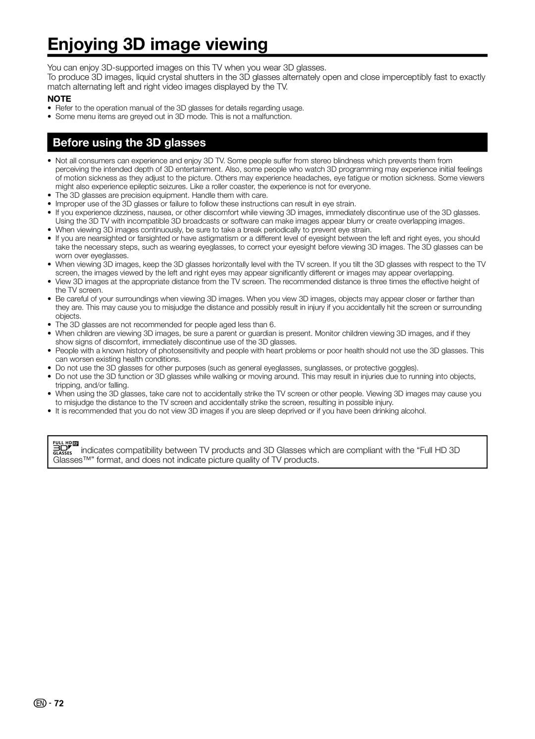 Sharp LC70UD1X operation manual Enjoying 3D image viewing, Before using the 3D glasses 