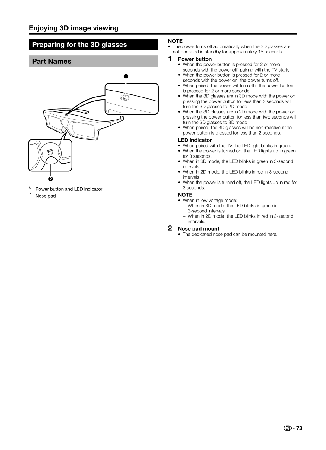 Sharp LC70UD1X operation manual Enjoying 3D image viewing, Preparing for the 3D glasses, Part Names 