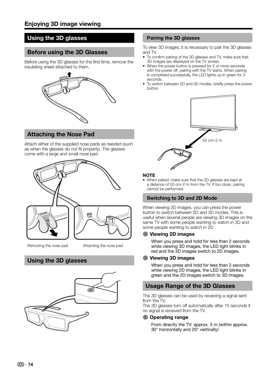 Sharp LC70UD1X Using the 3D glasses, Before using the 3D Glasses, Attaching the Nose Pad, Usage Range of the 3D Glasses 