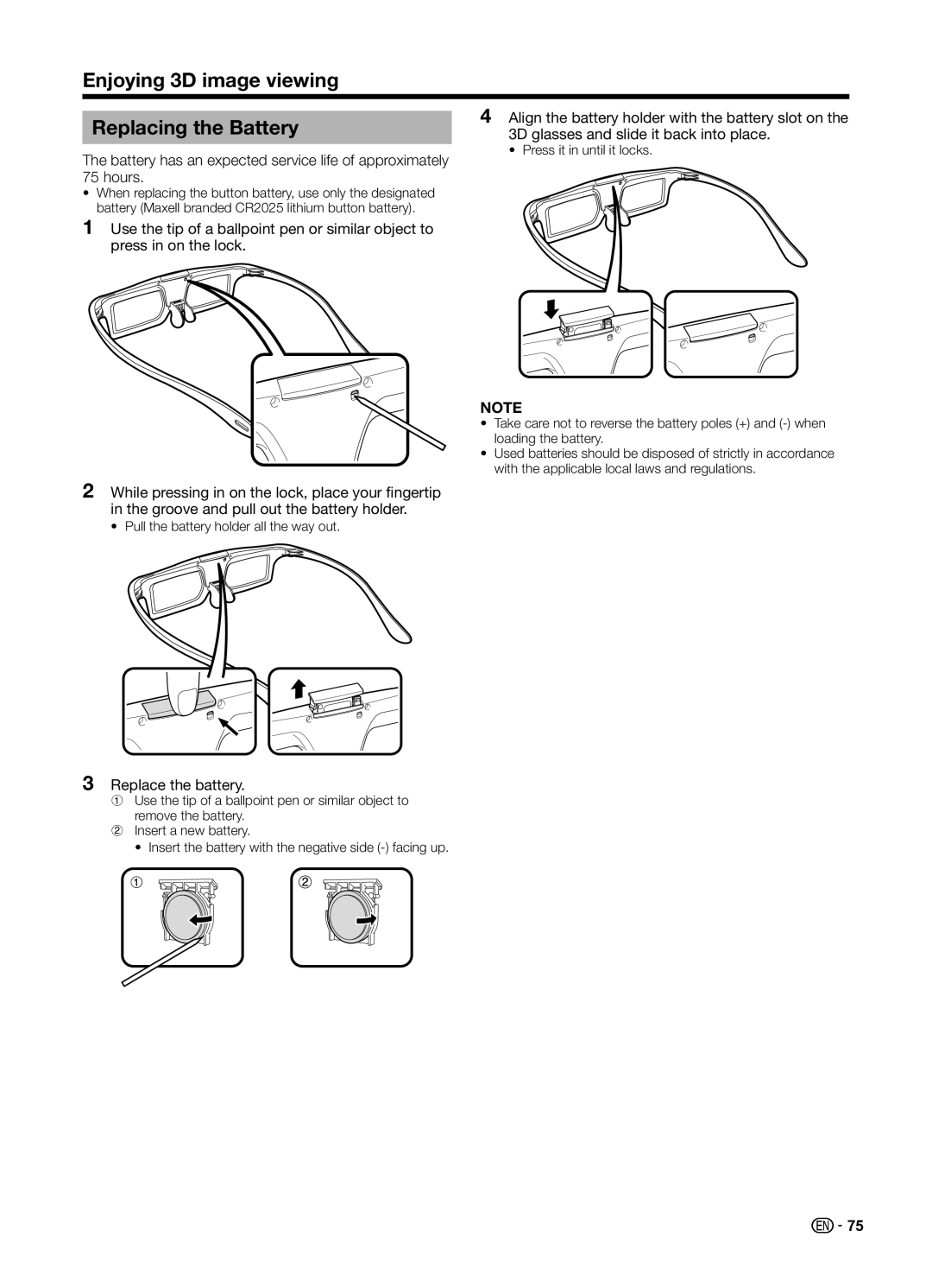 Sharp LC70UD1X Replacing the Battery, Align the battery holder with the battery slot on, Replace the battery 