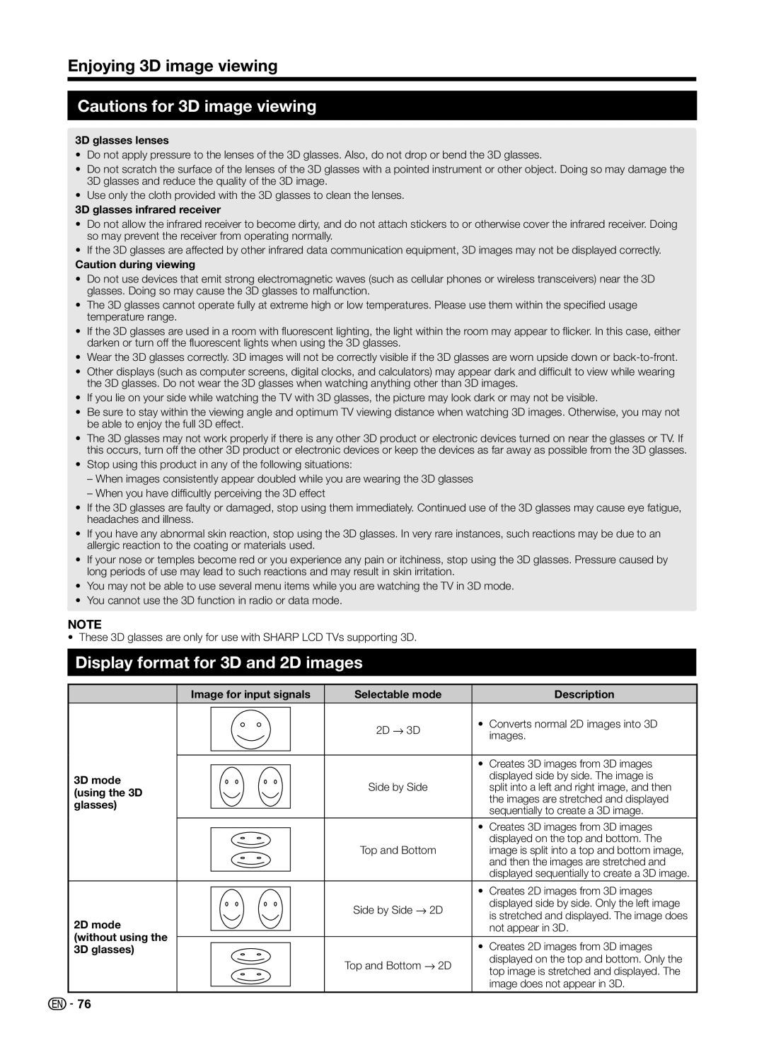 Sharp LC70UD1X operation manual Display format for 3D and 2D images 