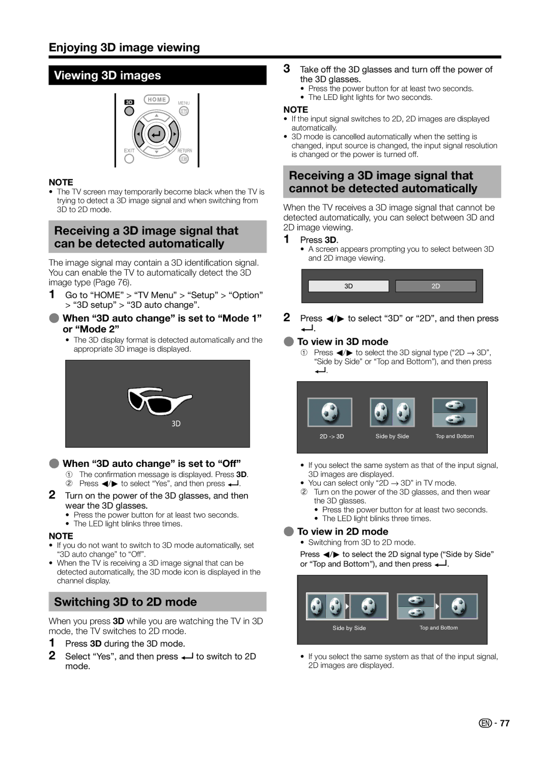 Sharp LC70UD1X operation manual Viewing 3D images, Switching 3D to 2D mode 