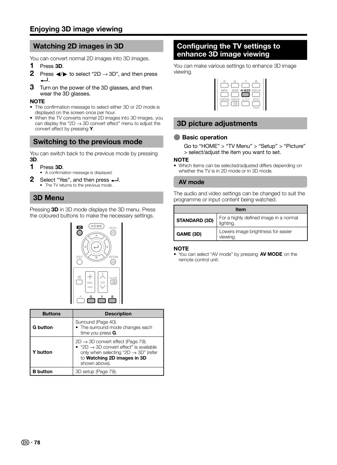 Sharp LC70UD1X operation manual 3D picture adjustments Switching to the previous mode, 3D Menu, EBasic operation, AV mode 