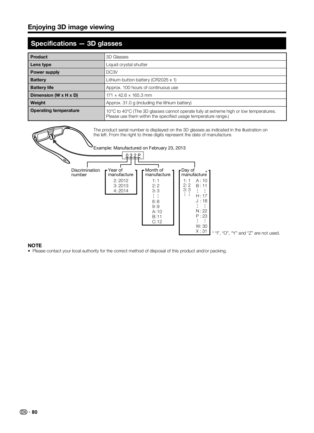 Sharp LC70UD1X operation manual Specifications 3D glasses 