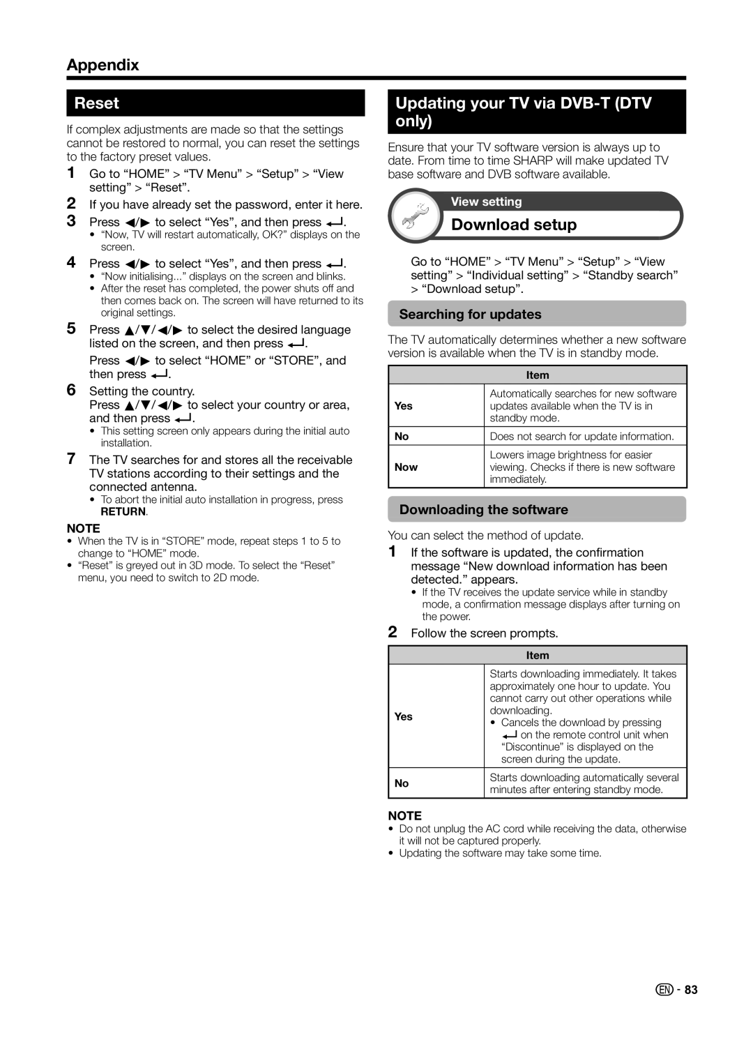 Sharp LC70UD1X operation manual Appendix, Reset, Updating your TV via DVB-T DTV only, Download setup 