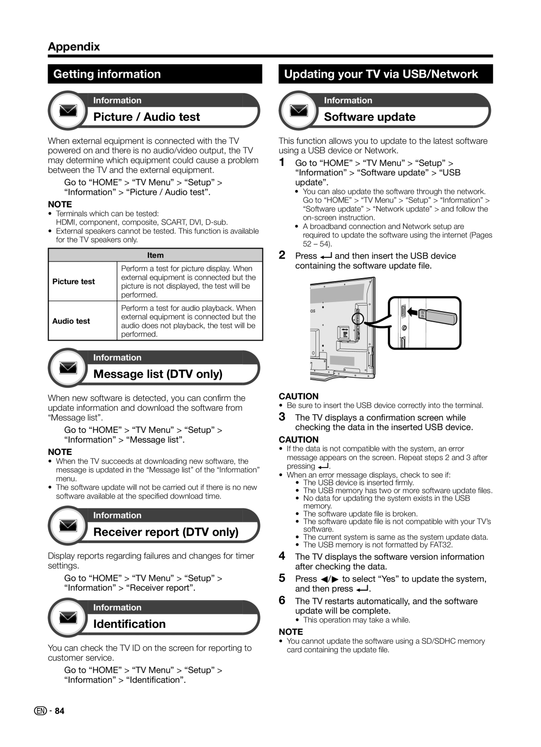 Sharp LC70UD1X Getting information Updating your TV via USB/Network, Picture / Audio test Software update, Identification 