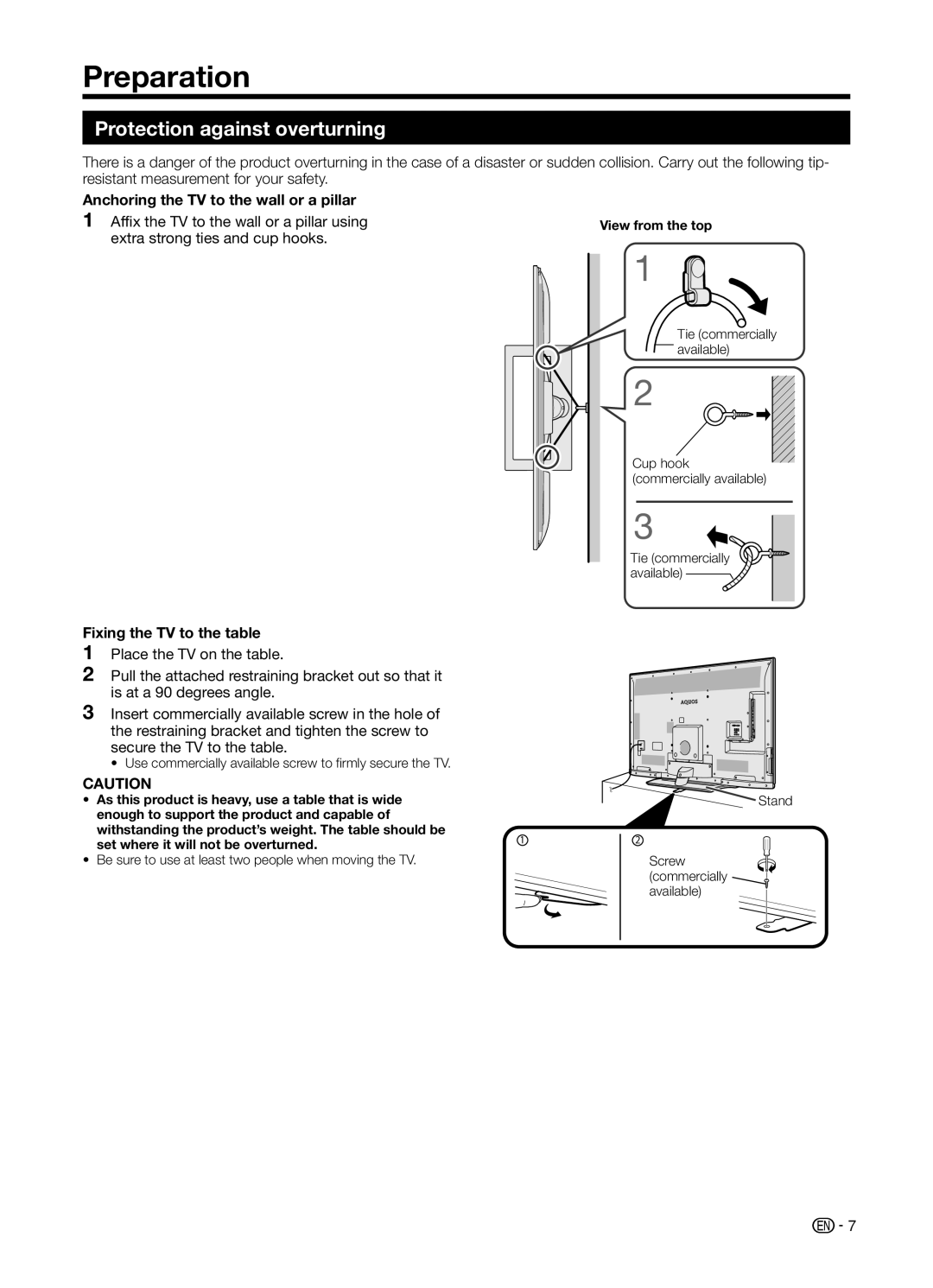 Sharp LC70UD1X Preparation, Protection against overturning, Anchoring the TV to the wall or a pillar, View from the top 