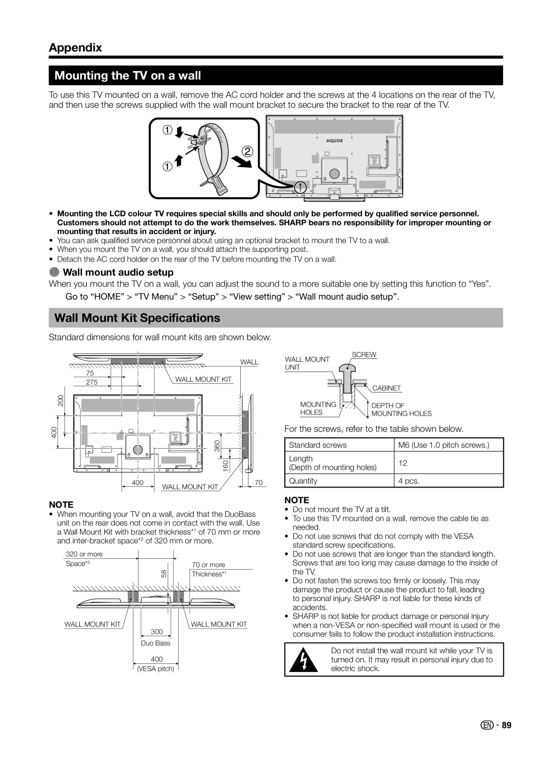 Sharp LC70UD1X operation manual Mounting the TV on a wall, Wall Mount Kit Specifications, EWall mount audio setup 