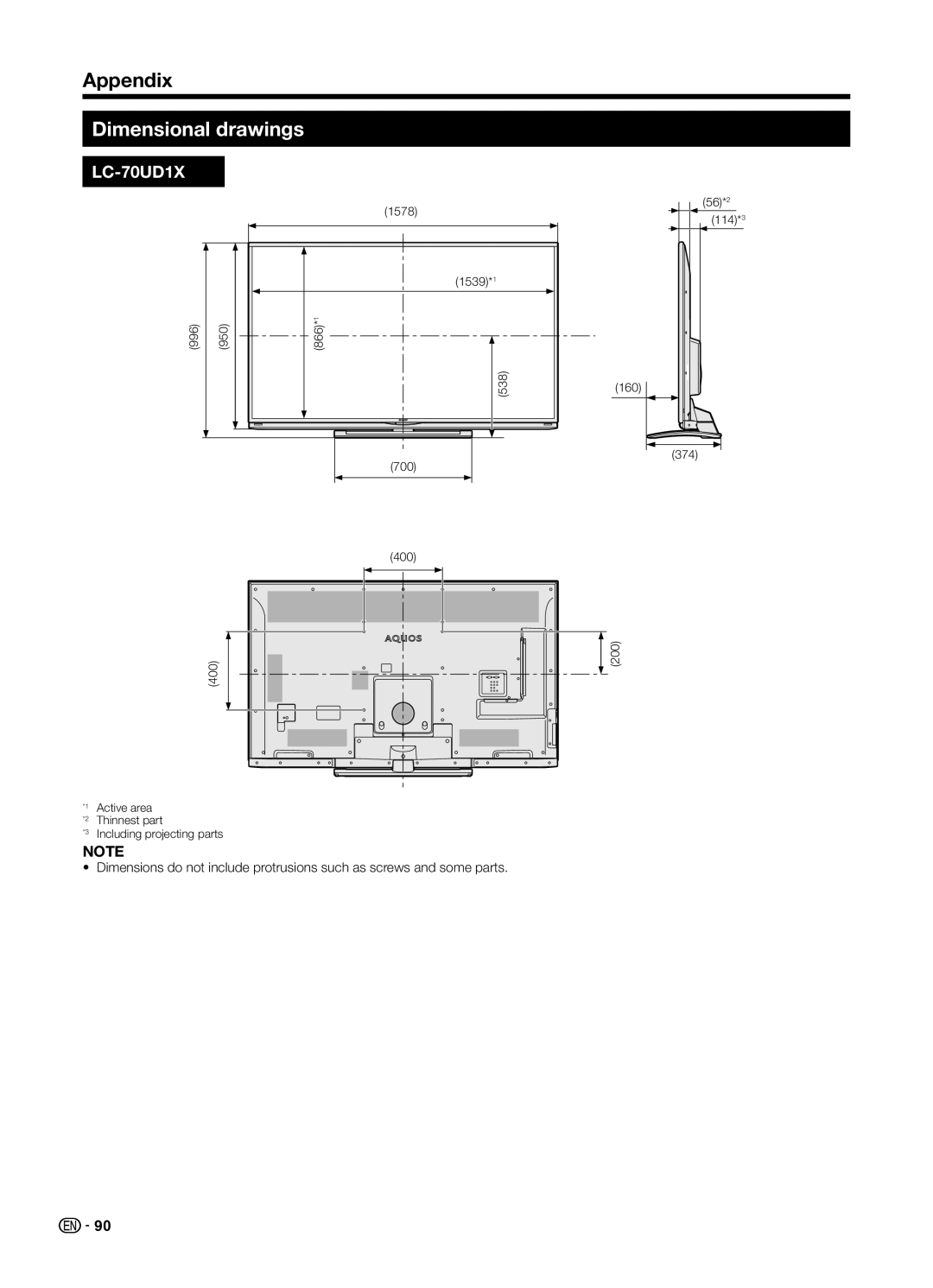 Sharp LC70UD1X operation manual Dimensional drawings, LC-70UD1X 