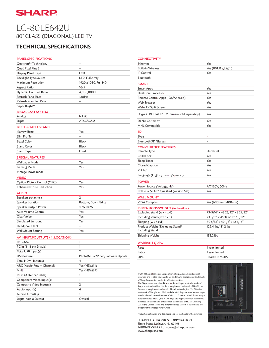 Sharp LC80LE642U Panel Specifications, Broadcast System, Bezel & Table Stand, Special Features, Video, Audio, Connectivity 