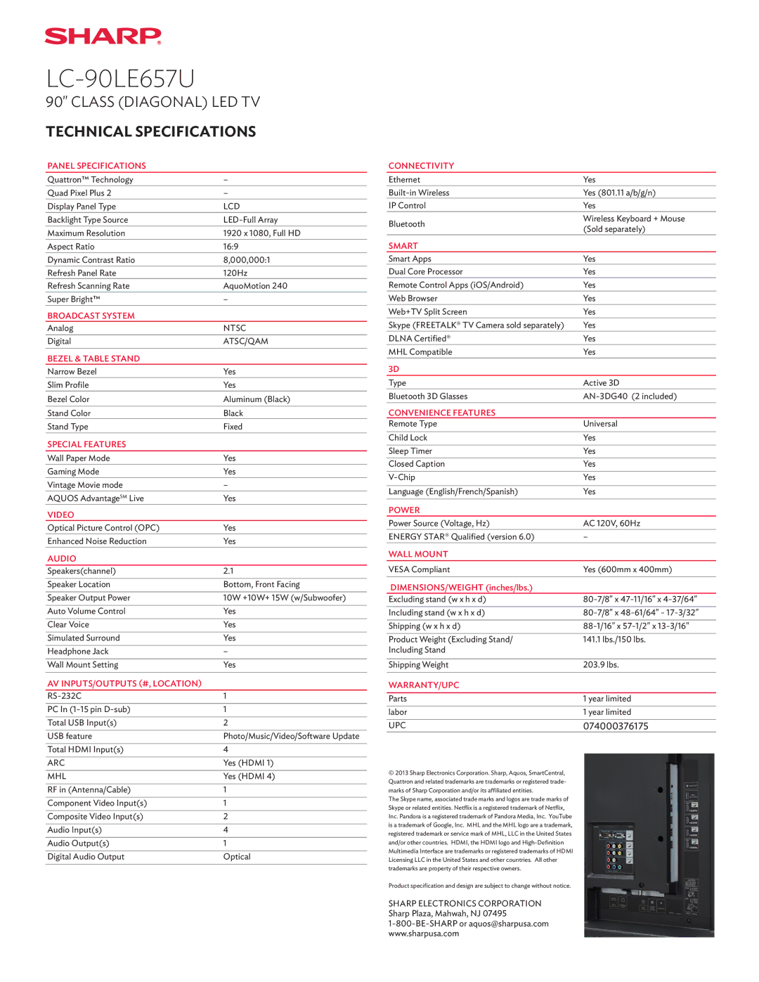 Sharp LC90LE657U Panel Specifications, Broadcast System, Bezel & Table Stand, Special Features, Video, Audio, Connectivity 