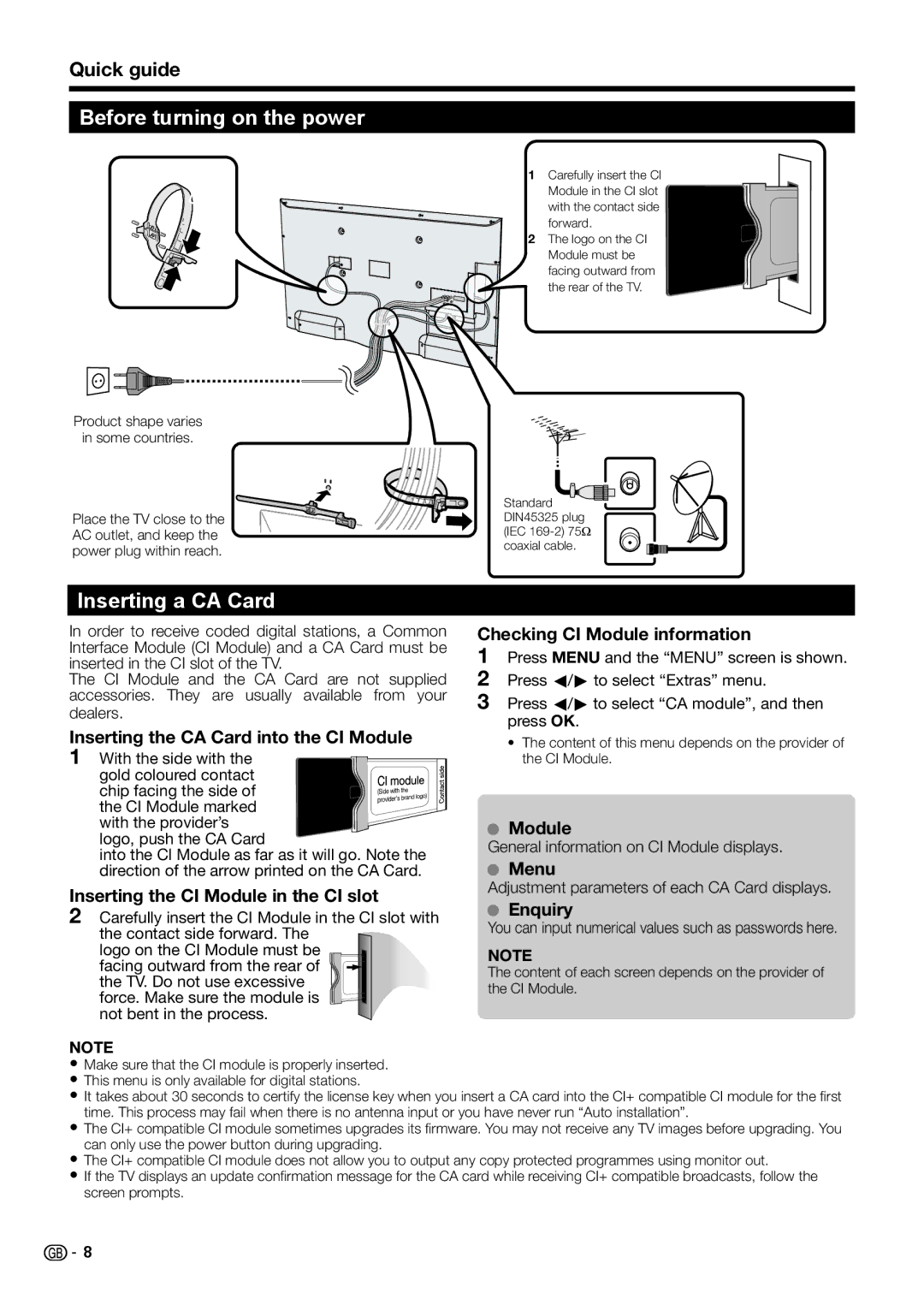 Sharp LCD COLOUR TELEVISION operation manual Before turning on the power, Inserting a CA Card, Quick guide 