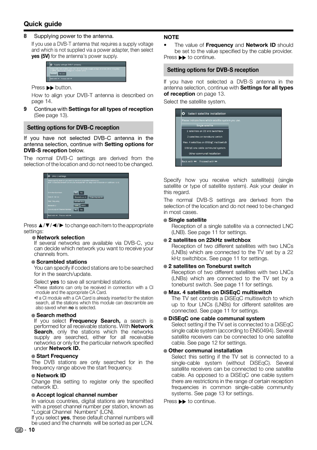 Sharp LCD COLOUR TELEVISION operation manual Setting options for DVB-C reception, Setting options for DVB-S reception 