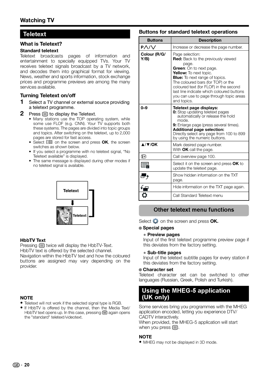 Sharp LCD COLOUR TELEVISION operation manual Teletext, Using the MHEG-5 application UK only, Other teletext menu functions 