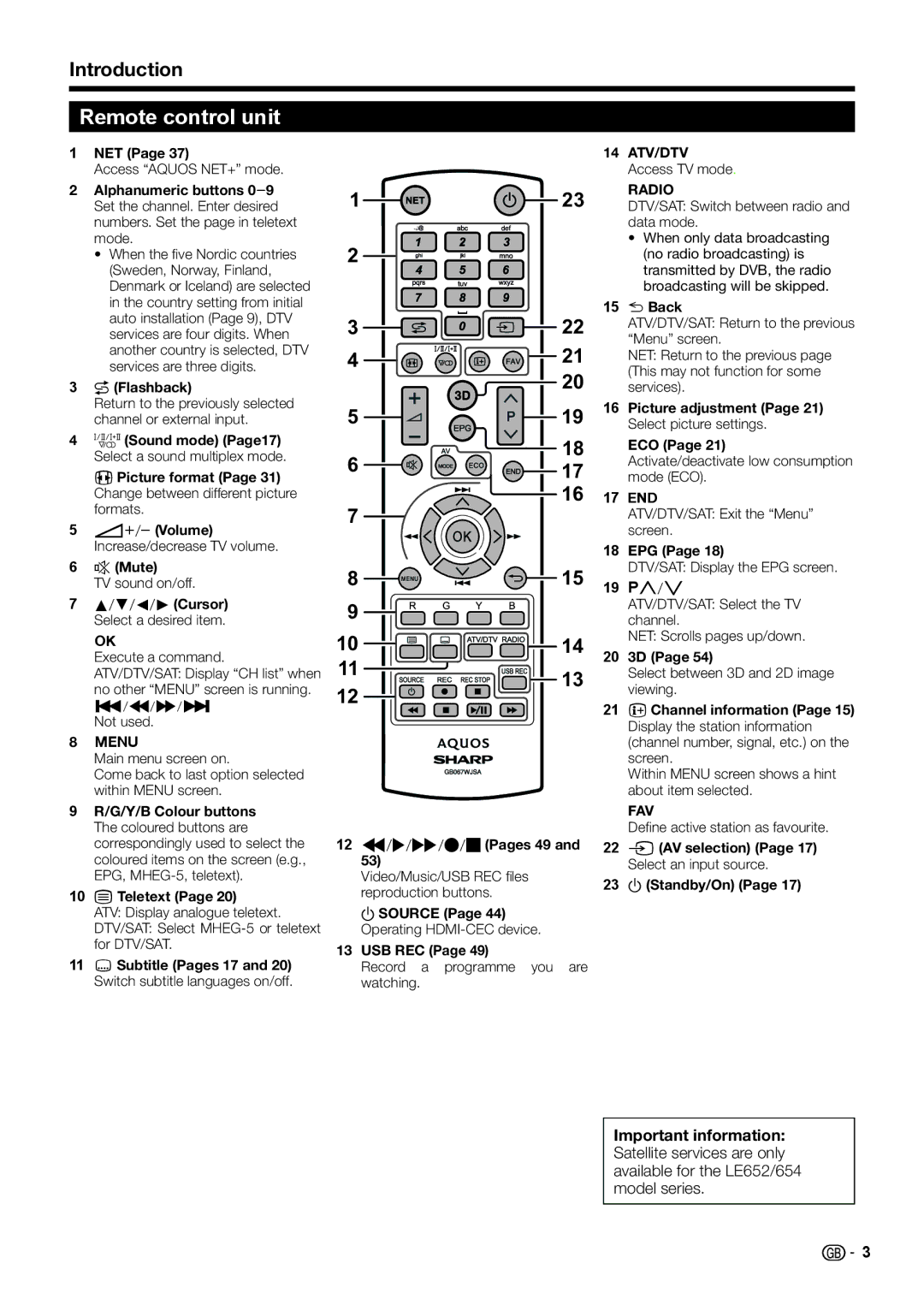 Sharp LCD COLOUR TELEVISION operation manual Remote control unit, Introduction 