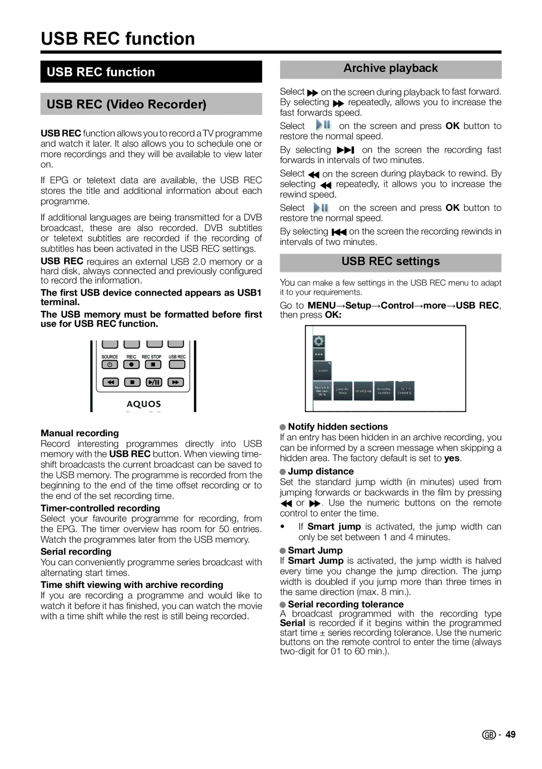 Sharp LCD COLOUR TELEVISION operation manual USB REC function, USB REC Video Recorder, Archive playback, USB REC settings 