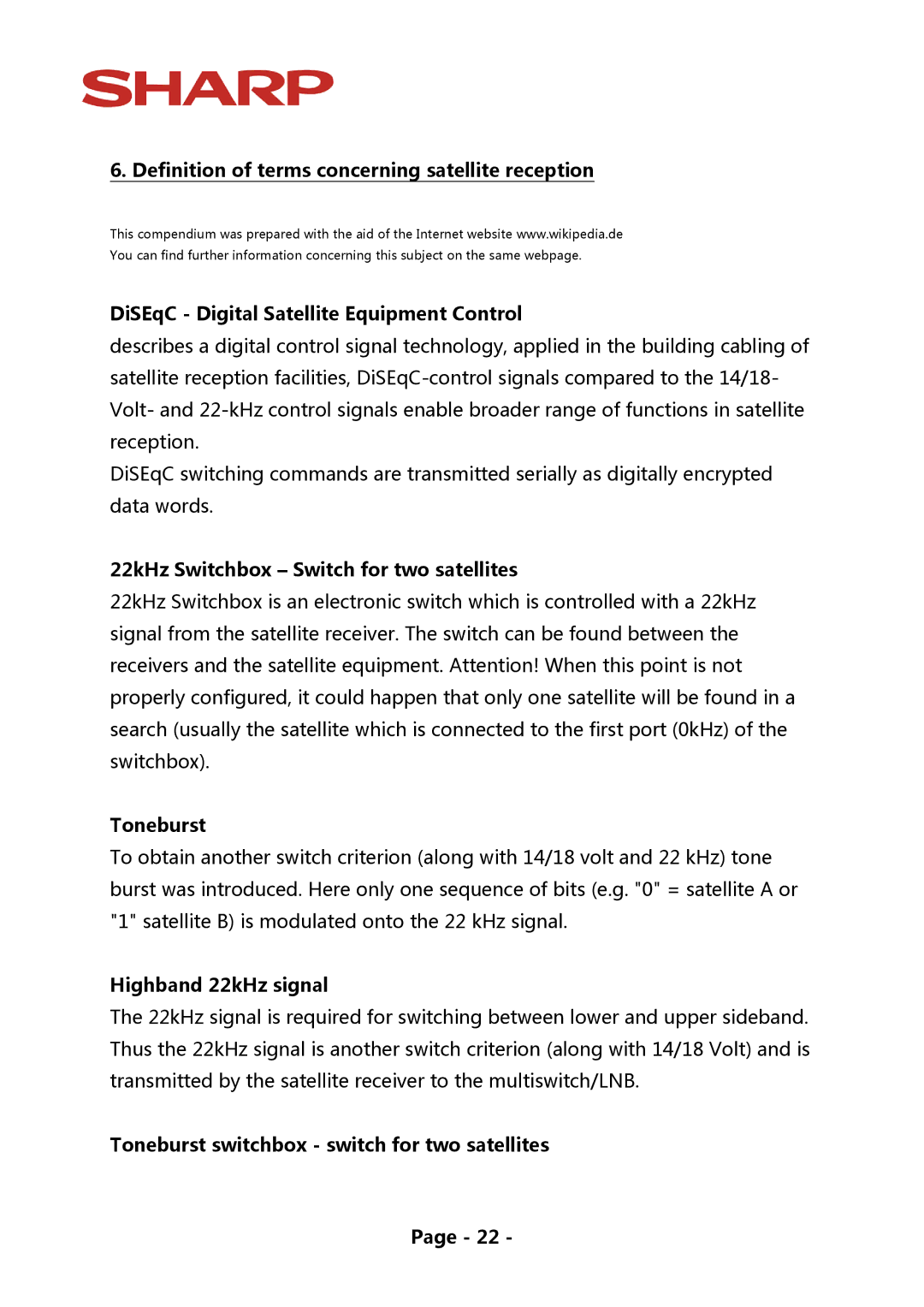 Sharp LE814 Definition of terms concerning satellite reception, DiSEqC Digital Satellite Equipment Control, Toneburst 