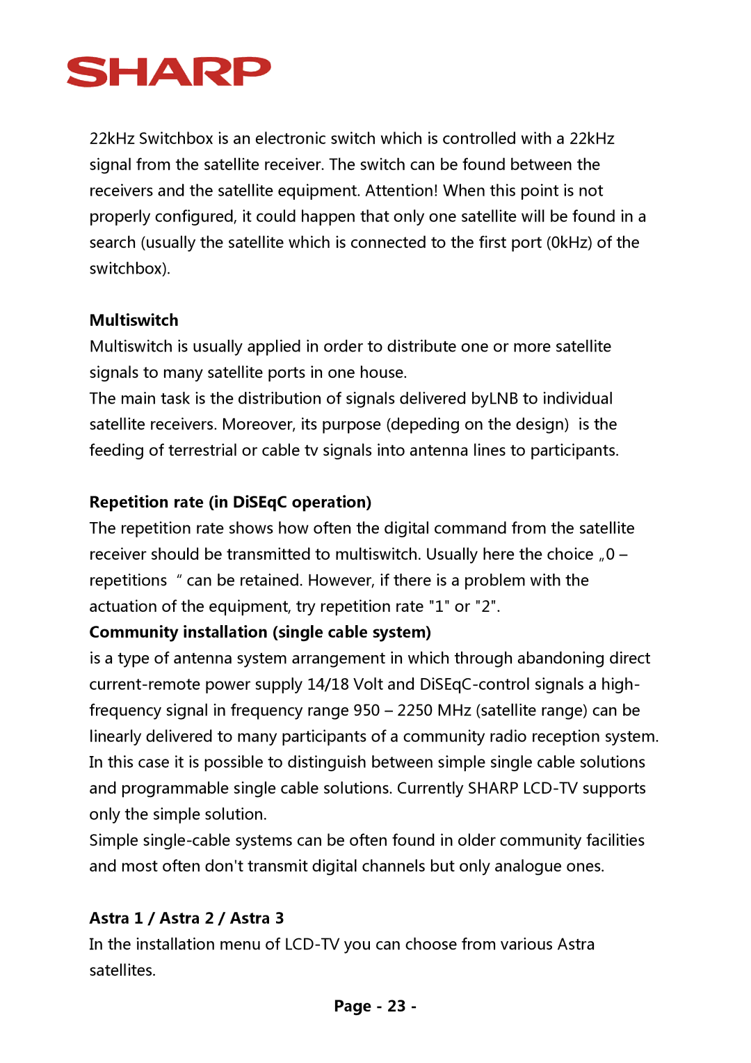 Sharp LE820, LE824, LE914 manual Multiswitch, Repetition rate in DiSEqC operation, Community installation single cable system 