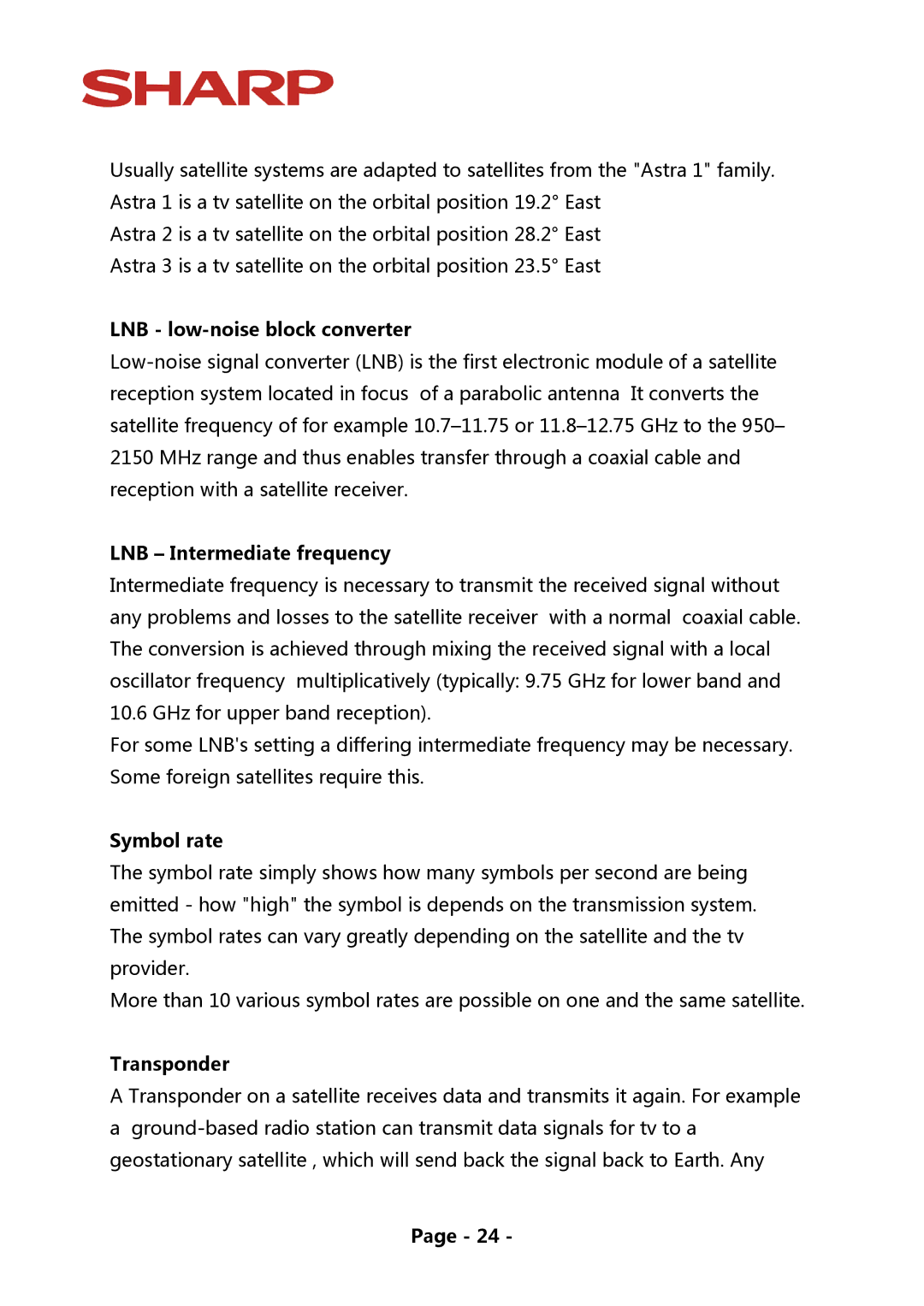 Sharp LE824, LE914, LE925, LE822, LE814 LNB low-noise block converter, LNB Intermediate frequency, Symbol rate, Transponder 